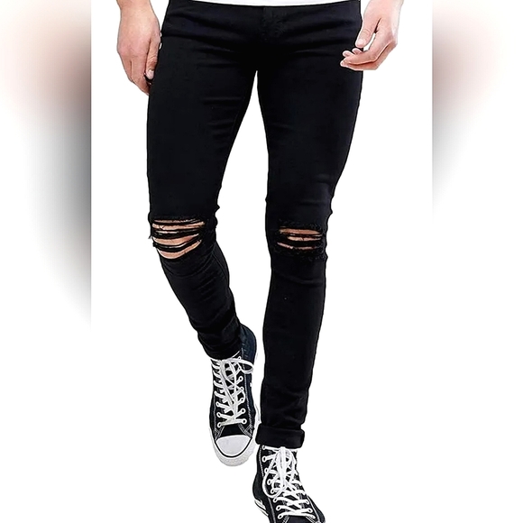 Pants Mens Ripped Destroyed Stretchy Knee Holes Slim Tapered Leg